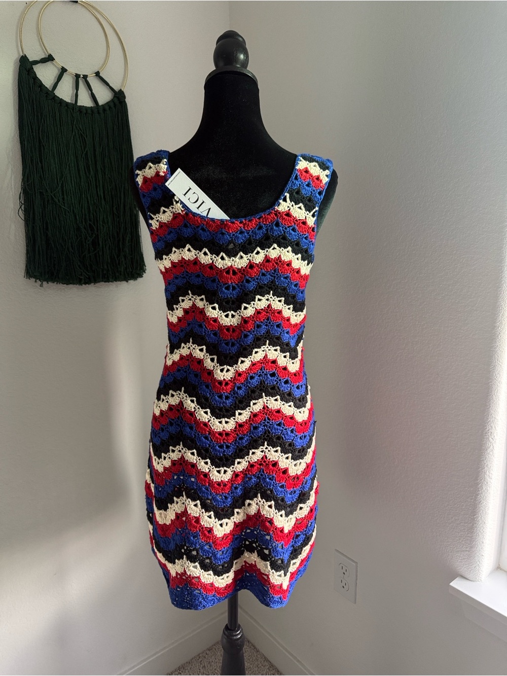 Vici Crochet Wave Tank Mini Dress in Blue, Red, Black & Cream - Picture 12 of 12
